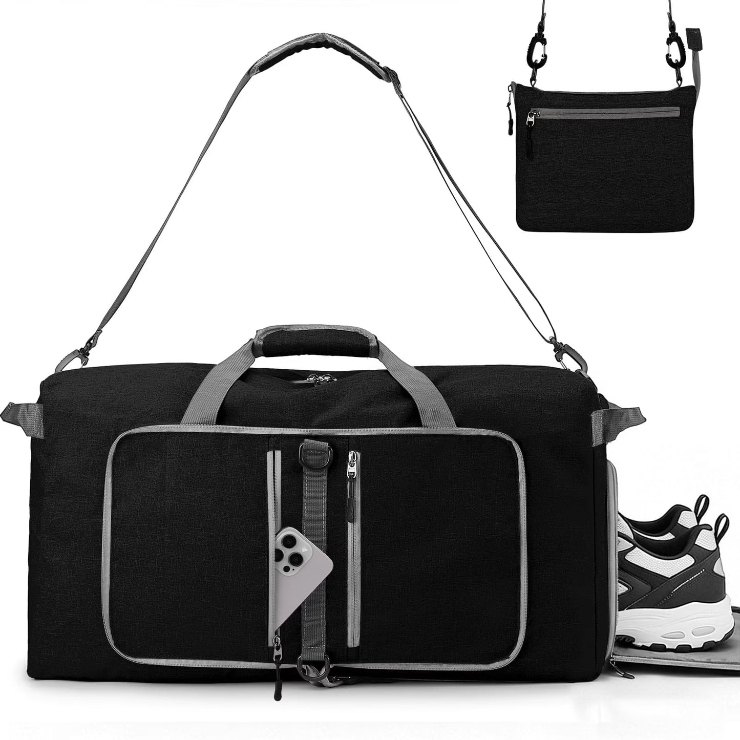 Travel Duffle Bag 24" Foldable Weekender Bags Men Women, 60L Carry on Waterproof Overnight Bag Gym Bag with Shoes Compartment Trolley Sleeve, Large Packable Tote Duffel Bag for Sports Plane