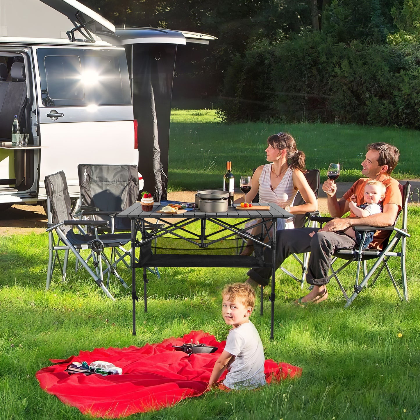 Folding Camping Table Adjustable Height 21-36 in Steel Frame 37 x 22 in Outdoor Picnic Table Black