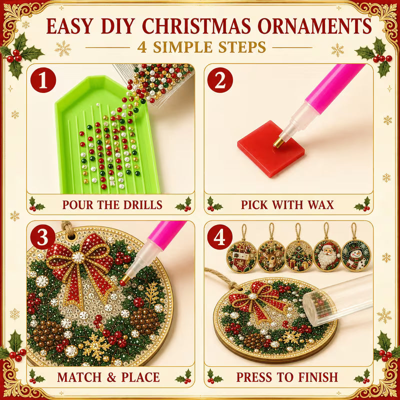 Four-step guide for the DIY Christmas ornament kit: pour drills, pick with wax, place, press