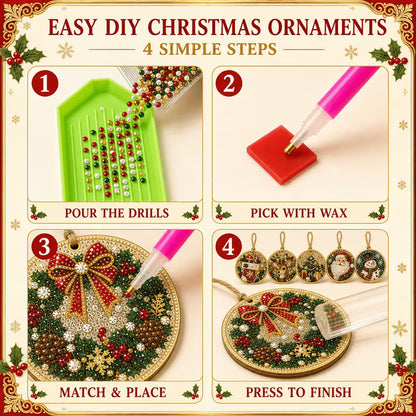 Four-step guide for the DIY Christmas ornament kit: pour drills, pick with wax, place, press