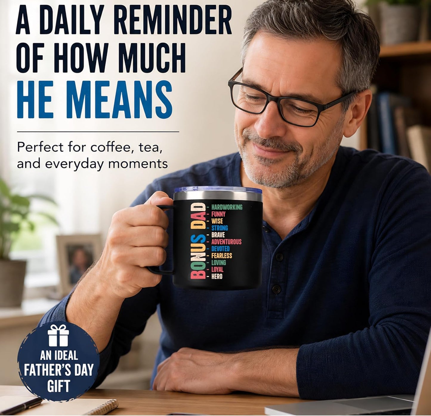 Bonus Dad Fathers Day Gift, Bonus Dad Gifts, Fathers Day Gift for Stepdad from Daughter, Son, Wife, 14 Oz Stainless Steel Mug, Best Step Dads Giftss, Stepped up Dads Gifts for Father'S Day, Birthday
