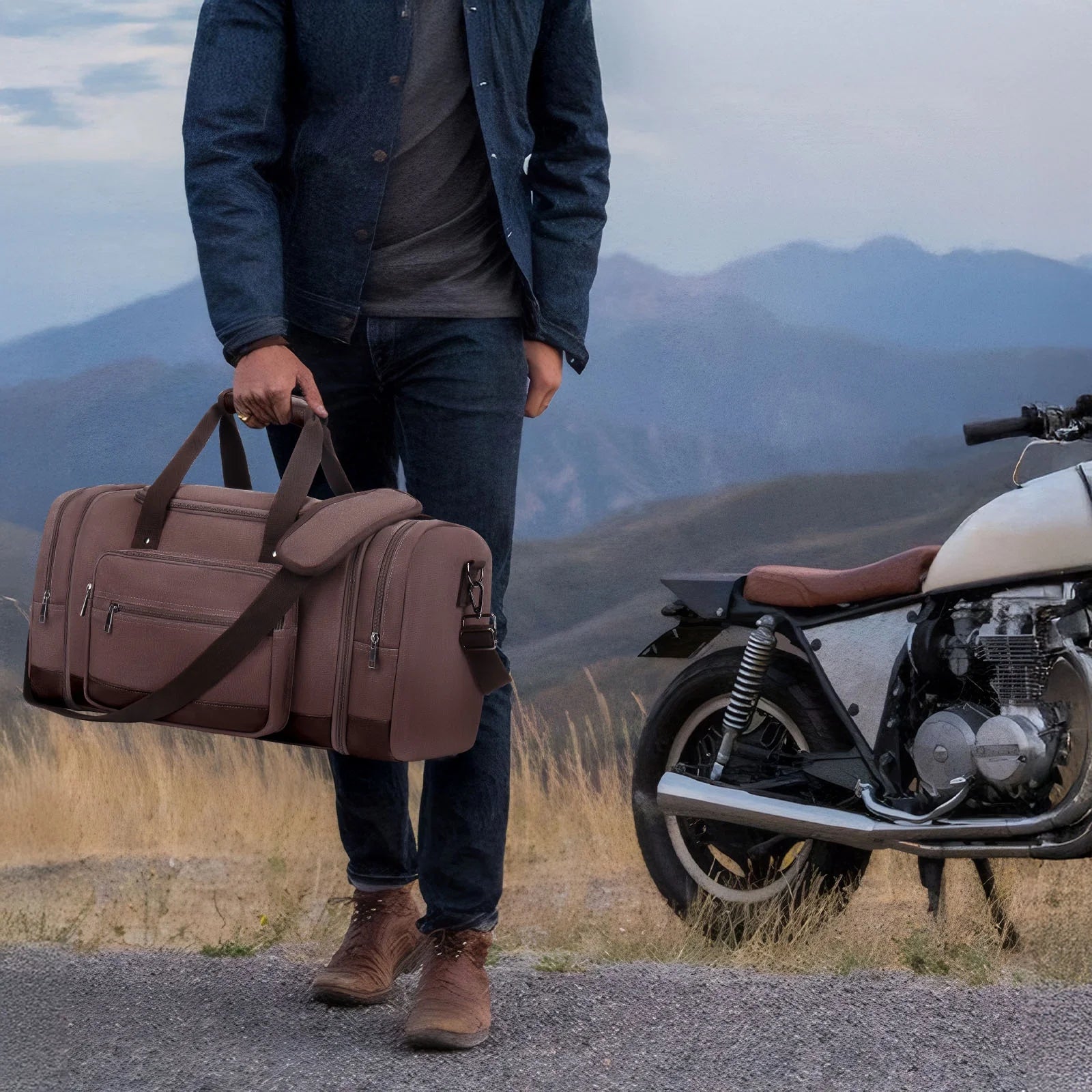Duffle Bag for Travel Bag 46L Large Expendable Duffle Bags for Men Weekender Bag with Trolly Sleeve for Business Trip Travel Camp Gym, Coffee