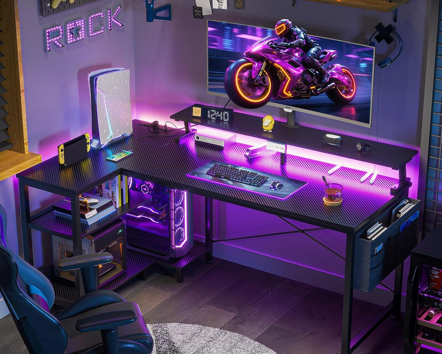 48 Inch Gaming Desk with USB Charging Ports and LED Lights, Reversible L Shaped Computer Desk with Storage Shelves & Monitor Stand, Corner Gamer Desk Table with Power Outlets, Black