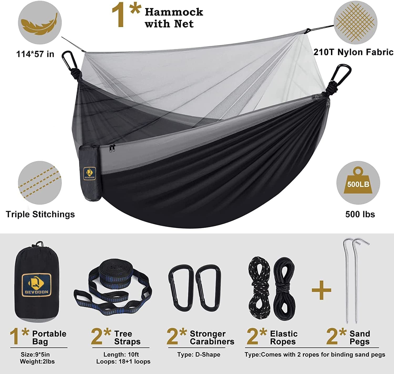 Camping Hammock with Mosquito Net, Portable Lightweight Parachute Nylon, Tree Straps, D-Shape Carabiners, 114 x 57 Inch