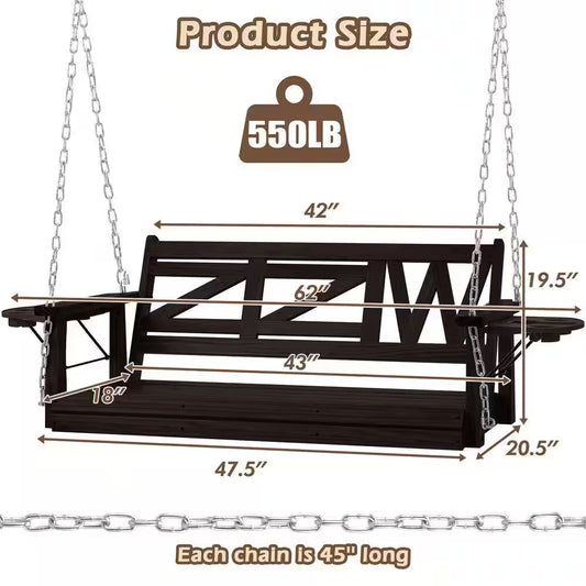 2 Person Wooden Porch Swing Outdoor Hanging Bench with Chains Foldable Cup Holders Weather Resistant Dark Brown