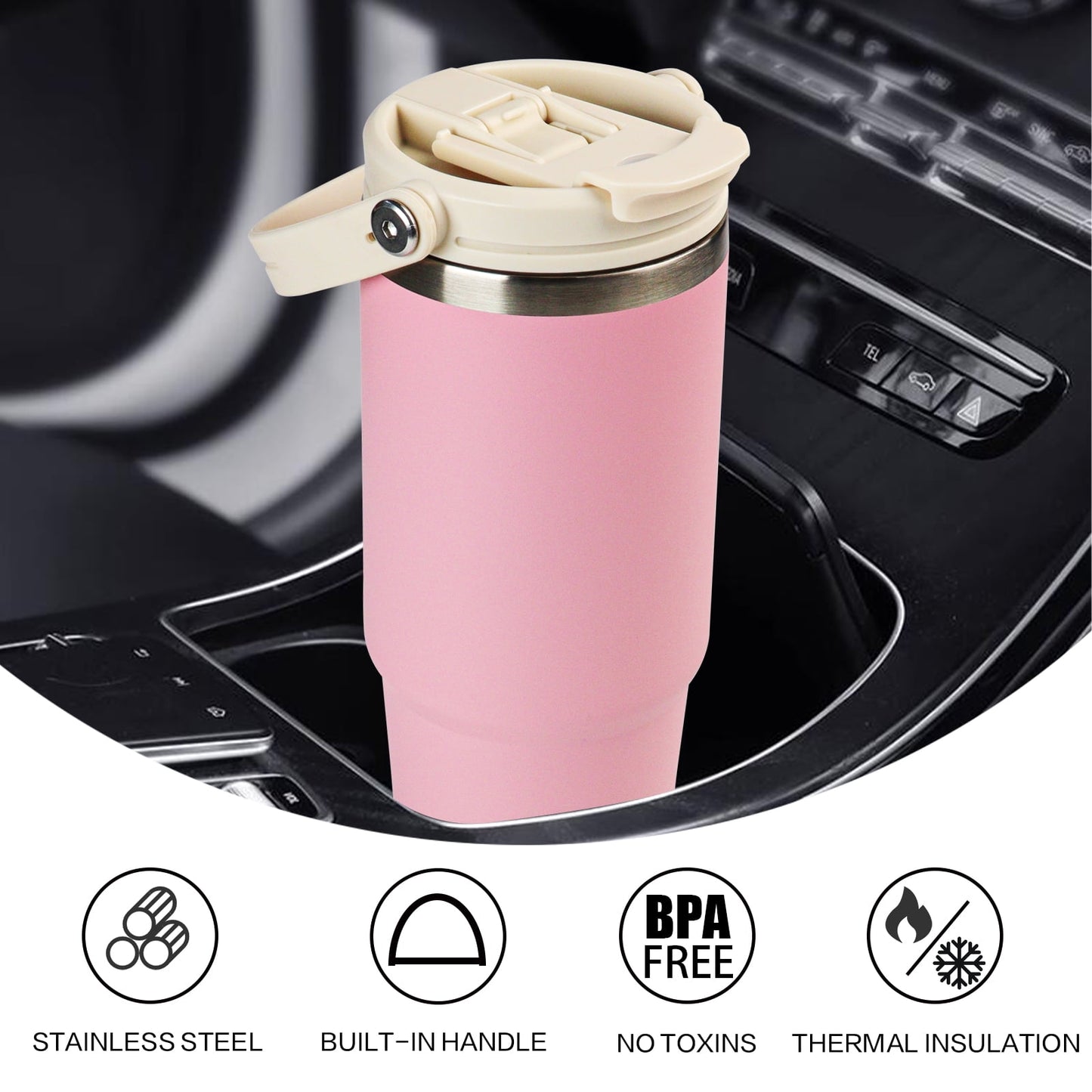 30 Oz Insulated Water Bottle with Straw Lid & Handle - Double Wall Vacuum Stainless Steel Tumbler Leakproof Travel Mug Pink