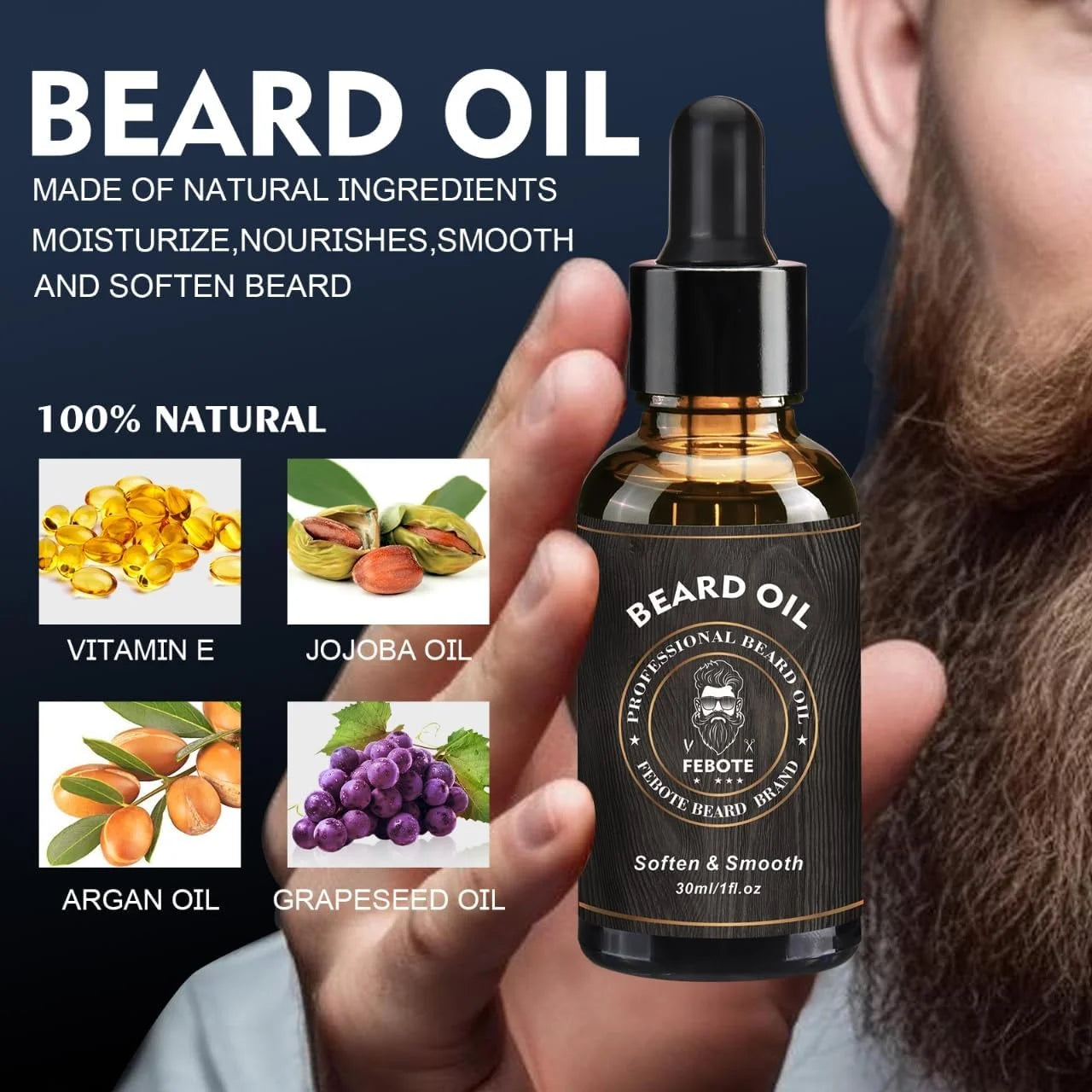 Febote Beard Straightener Kit for Men, Heated Ceramic Beard Straightening Brush for Coarse Curly Beard Hair, All-In-One Grooming Kit with Oil, Balm, Comb, Scissors & Travel Case, Gift for Him