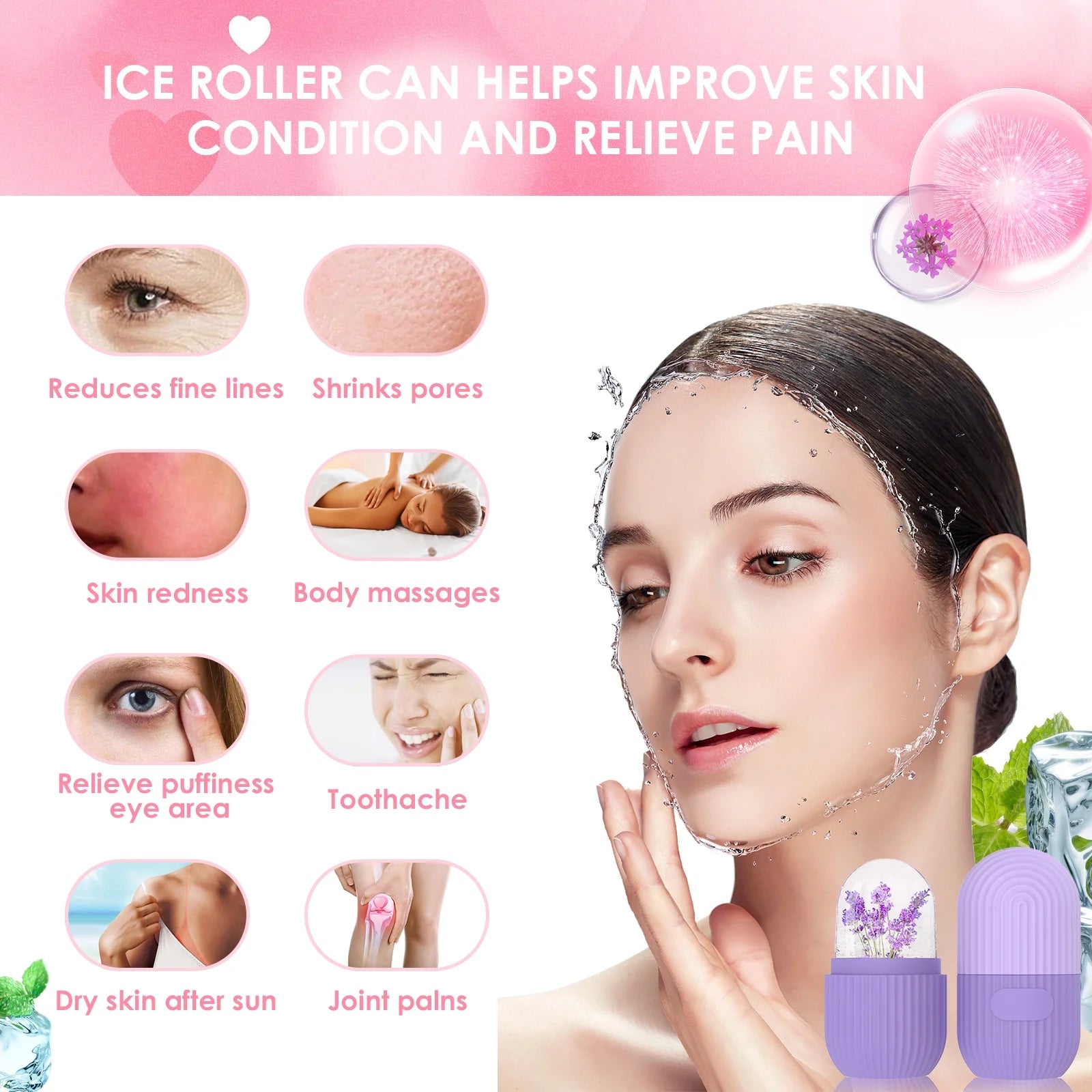 Ice Face Roller Silicone Ice Facial Roller for Face Contour Eyes Neck - Purple Beauty Massage Tool Remove Dark Circles Pore Shrink Skin Care