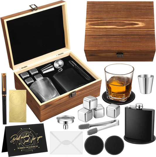Gifts for Men Dad,12 Pcs Whiskey Gifts Set with Whiskey Glasses Stainless Steel Stones Flask Coaster Pen Card for Father'S Day Birthday Retirement Gift for Husband Drinking Lover(Classic)