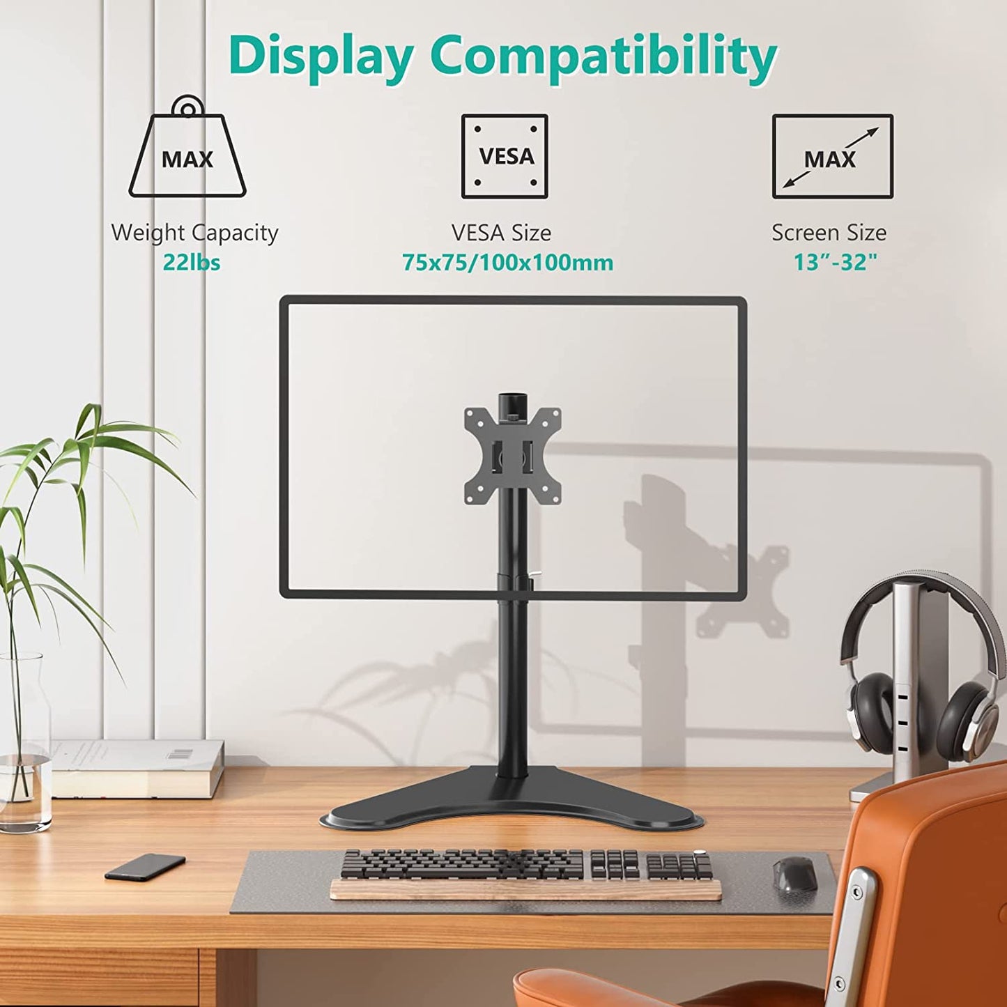 Single Monitor Desk Mount Arm for 13–32 in Screens, Adjustable Height and Angle, Freestanding VESA 75x75/100x100, Black
