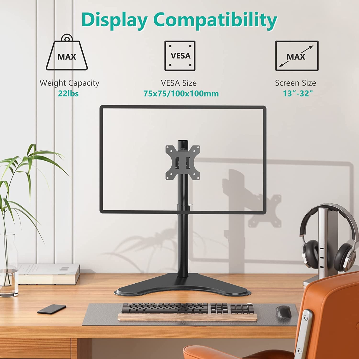 Single Monitor Desk Mount Arm for 13–32 in Screens, Adjustable Height and Angle, Freestanding VESA 75x75/100x100, Black