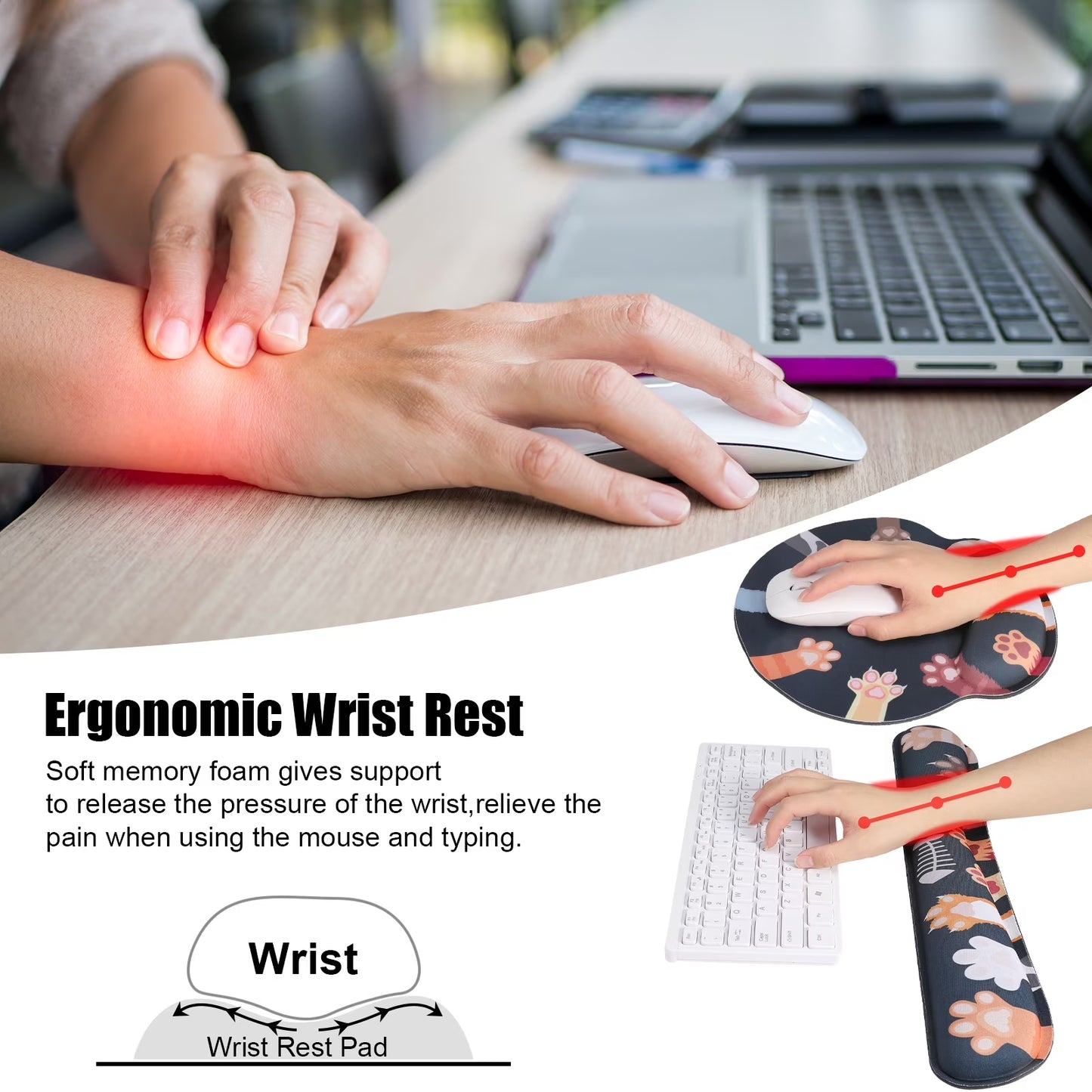 Ergonomic Mouse Pad with Wrist Rest, No Slip Keyboard Wrist Rest and Computer Wrist Support, Memory Foam Wrist Pad with Cup Coaster for Keyboard for Easy Typing and Hand Pain Relief