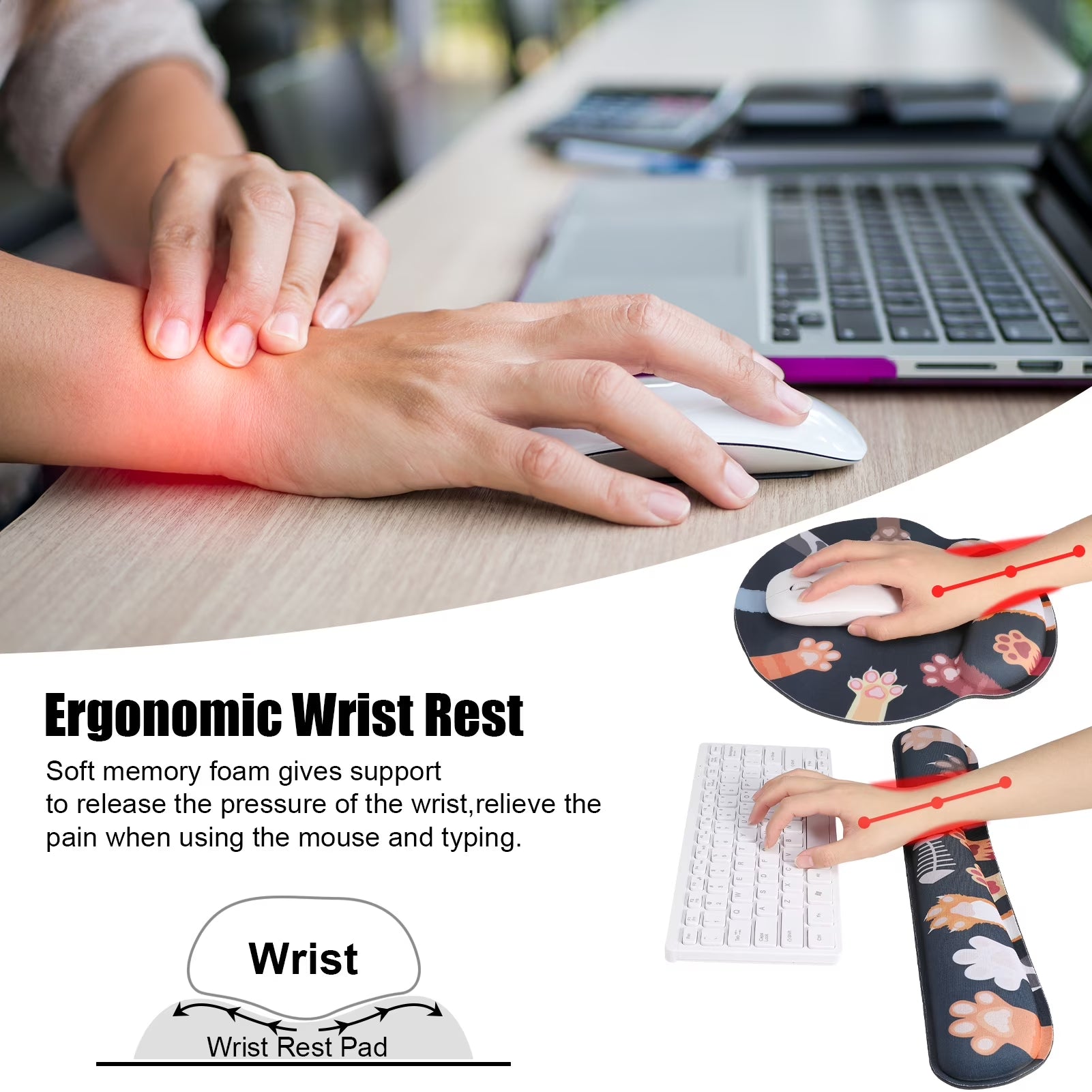 Ergonomic Mouse Pad with Wrist Rest, No Slip Keyboard Wrist Rest and Computer Wrist Support, Memory Foam Wrist Pad with Cup Coaster for Keyboard for Easy Typing and Hand Pain Relief