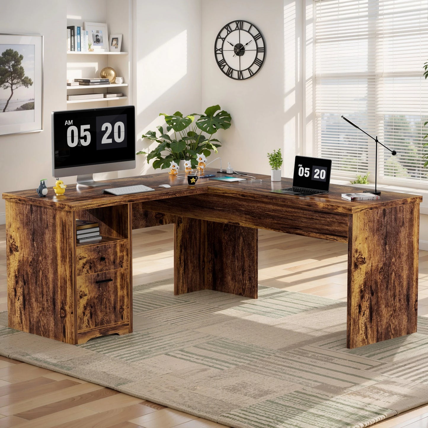 Lift Top L-Shaped Desk with Charge Station, Corner Standing Desk with File Drawers for Home Office
