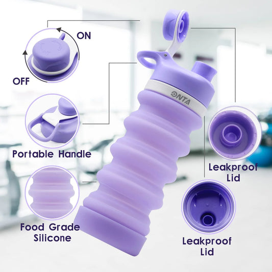 Collapsible Silicone Water Bottle 20oz BPA Free Leak Proof Foldable Portable Travel Bottle with Carabiner - Purple