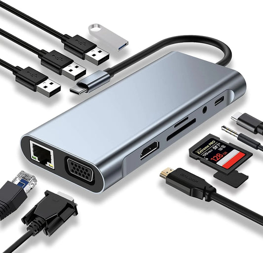 11-In-1 USB-C Hub Adapter with 4K HDTV, VGA, Type C PD, USB 3.0, RJ45 Ethernet, SD/TF Card Reader, 3.5Mm Aux - Docking Station for Macbook Pro/Air