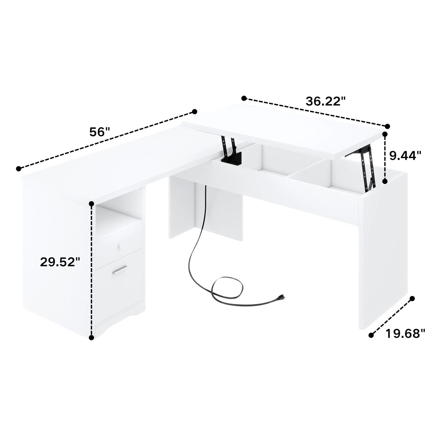 Lift Top L-Shaped Desk with Charge Station, Corner Standing Desk with File Drawers for Home Office