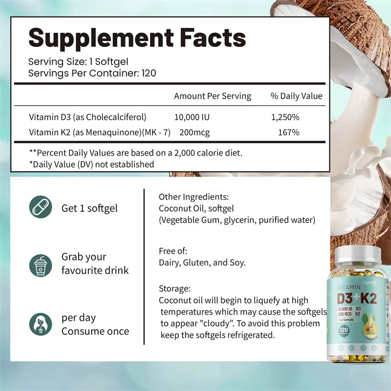 VITAMIN D3&K2 - Nerve, Muscle, Heart, Bone and Dental Health, Immune System Health