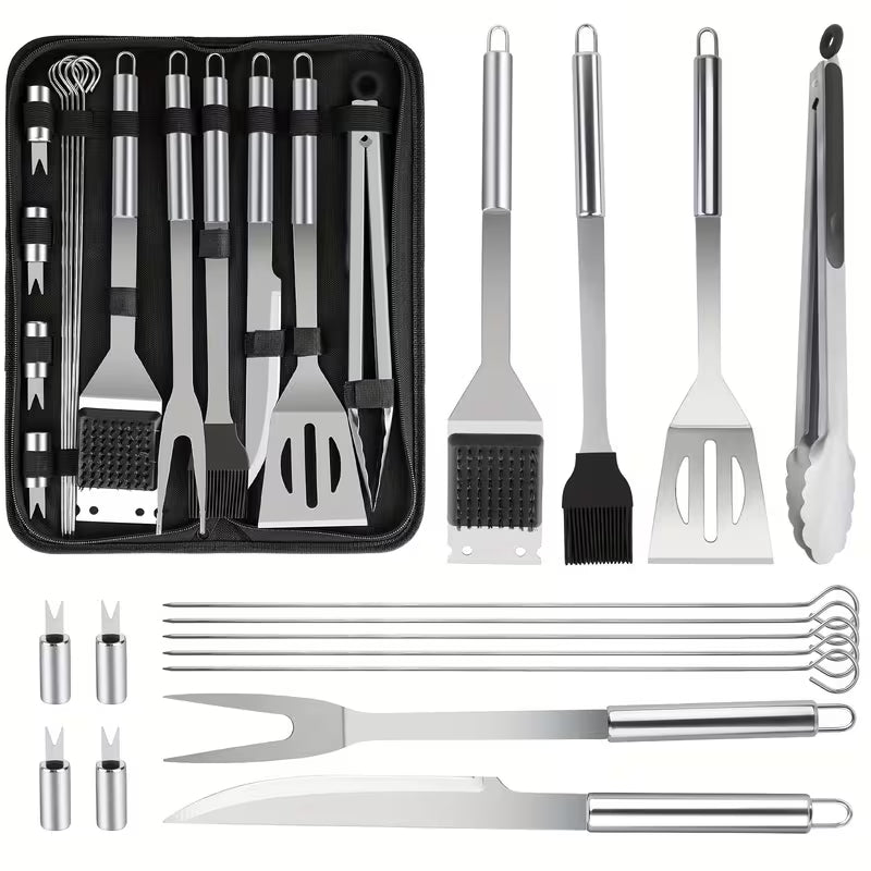 BBQ grill tool set laid out: spatula, tongs, fork, basting brush, knife, skewers and corn holders with black carry case