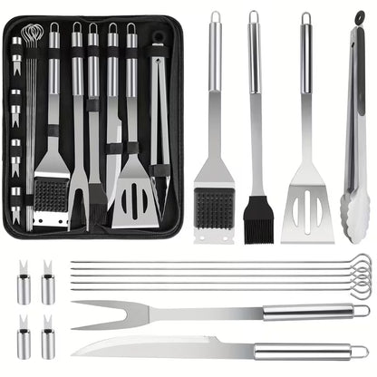 BBQ grill tool set laid out: spatula, tongs, fork, basting brush, knife, skewers and corn holders with black carry case