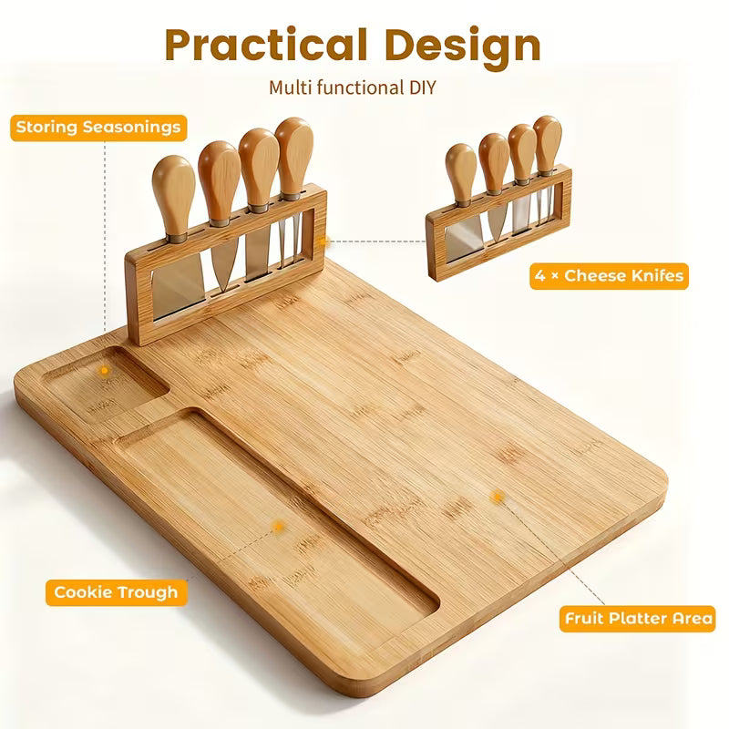 Charcuterie Board with 4-Piece Stainless Steel Knife Set, Cheese Tray