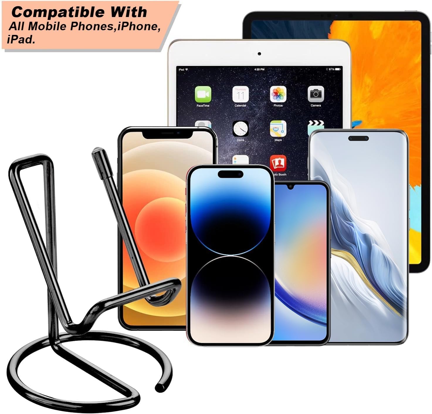 Cell Phone Stand for Desk, Cute Metal Black Cell Phone Stand Holder Desk Accessories, Compatible with All Mobile Phones, Iphone, Ipad