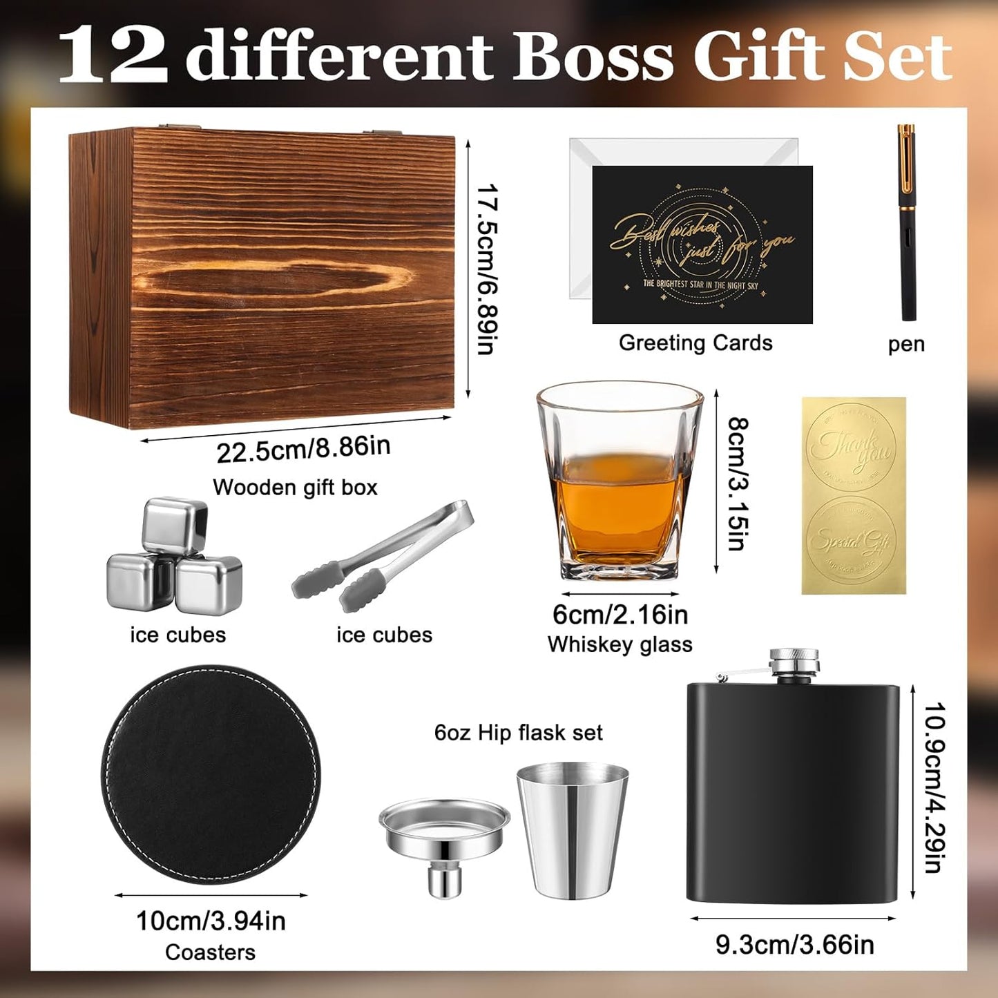 Gifts for Men Dad,12 Pcs Whiskey Gifts Set with Whiskey Glasses Stainless Steel Stones Flask Coaster Pen Card for Father'S Day Birthday Retirement Gift for Husband Drinking Lover(Classic)