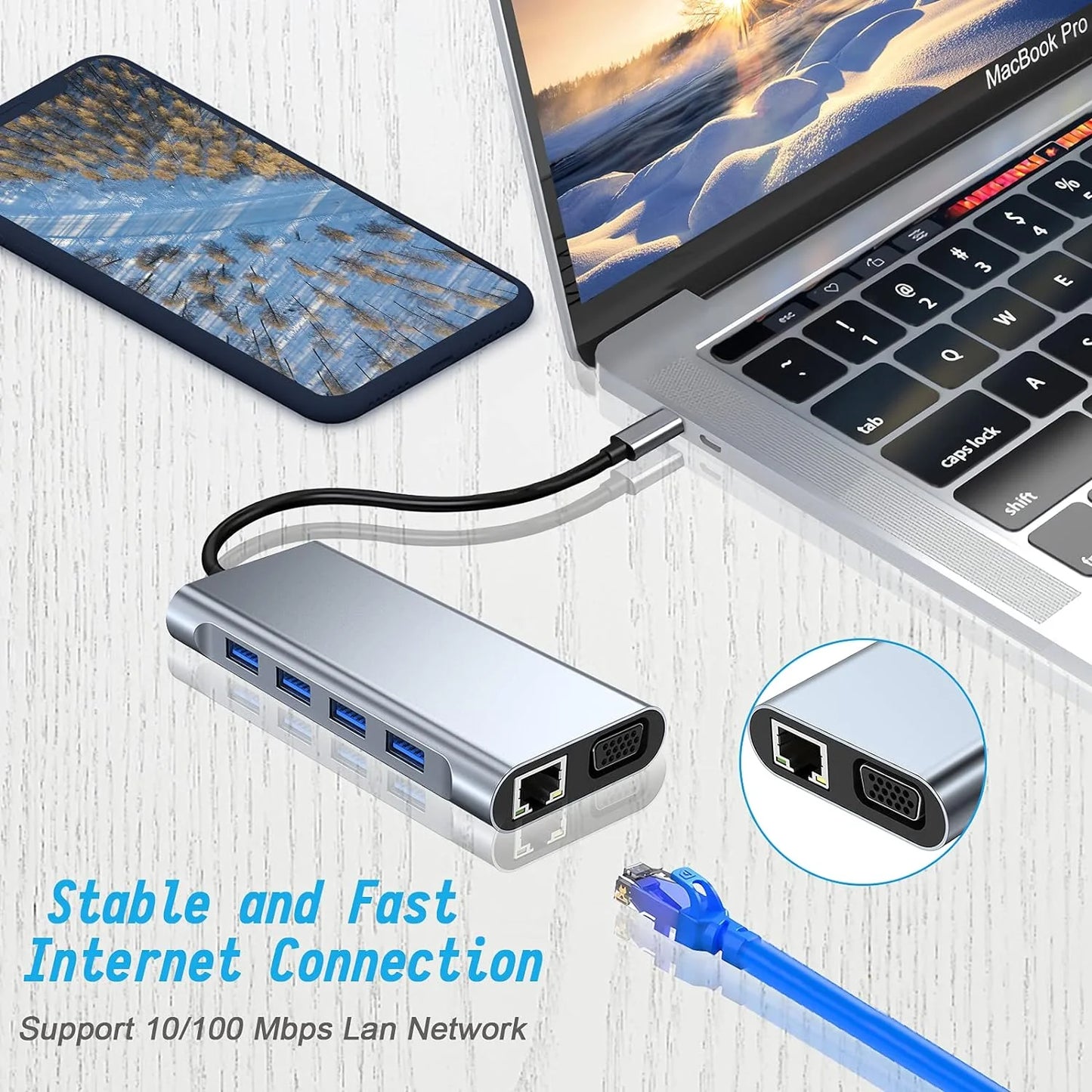 11-In-1 USB-C Hub Adapter with 4K HDTV, VGA, Type C PD, USB 3.0, RJ45 Ethernet, SD/TF Card Reader, 3.5Mm Aux - Docking Station for Macbook Pro/Air