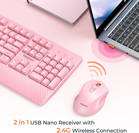Wireless Keyboard and Mouse, Full-Sized Cordless Keyboard with Wrist Rest, 3 DPI Adjustable Mouse, Keyboard and Mouse Set with 2.4Ghz USB Receiver, for Pc/Computer/Laptop/Windows/Mac, Pink