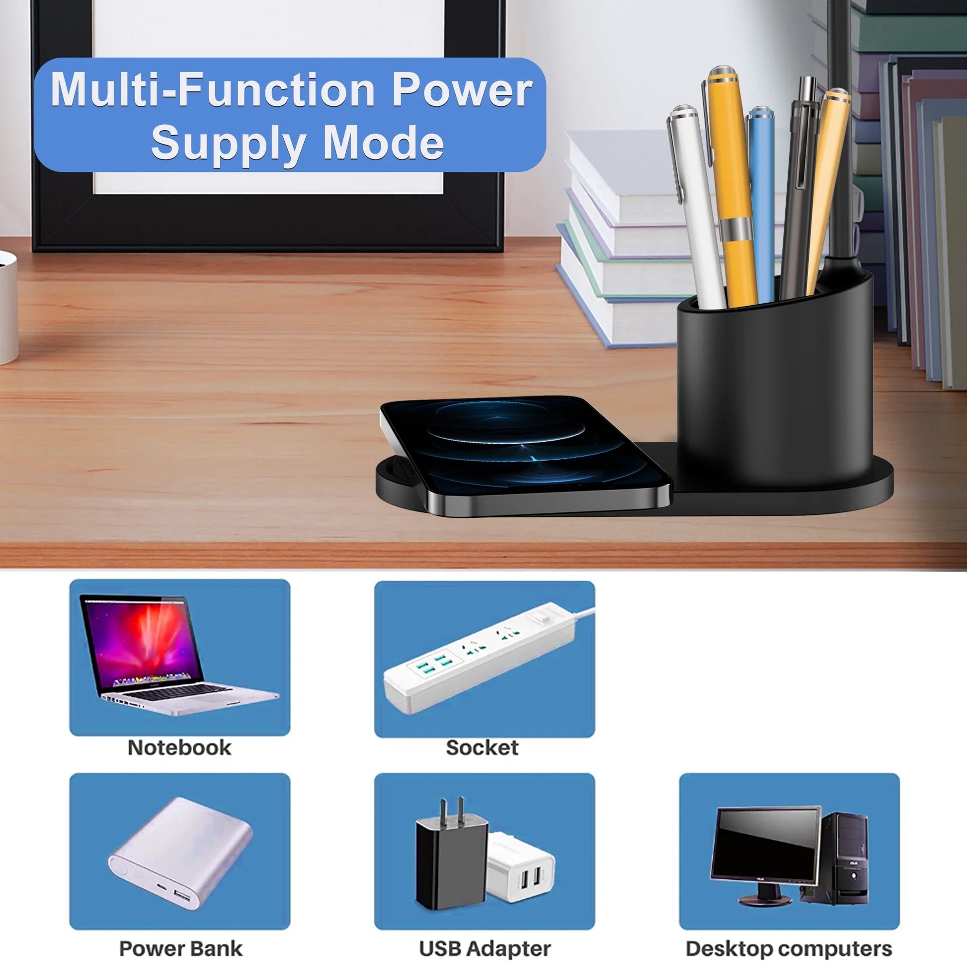 Small Led Desk Lamp for an Office in Home with USB Port and Wireless Charging - 3 Modes Dimmable Gooseneck Desk Light（Black）