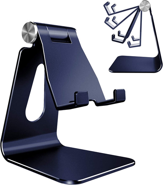 Adjustable Aluminum Cell Phone Stand – 270° Multi-Angle Desk Holder & Dock for All Smartphones 4–10 in, Navy Blue