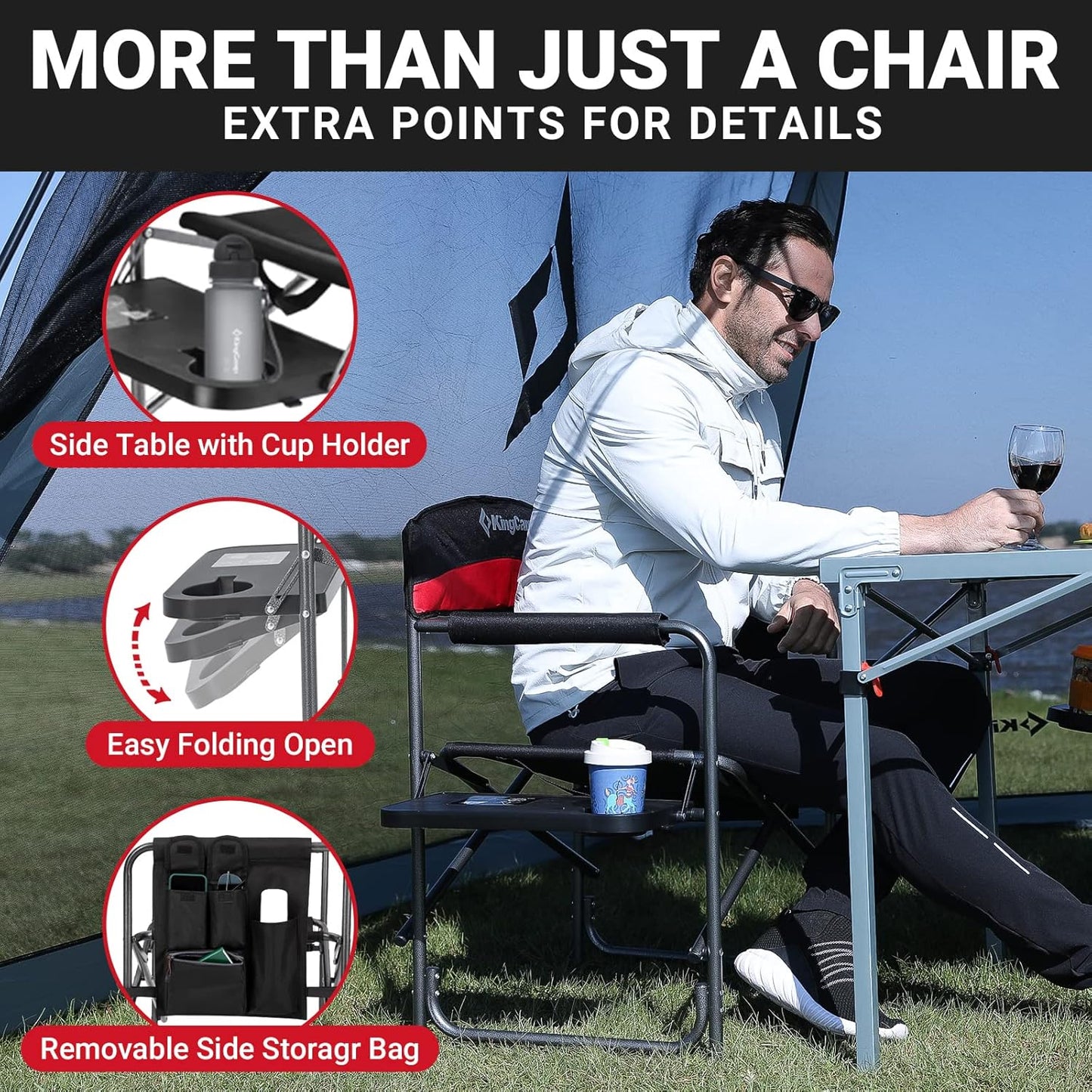 Heavy Duty Camping Director Chair, Folding with Side Table & Storage, Red