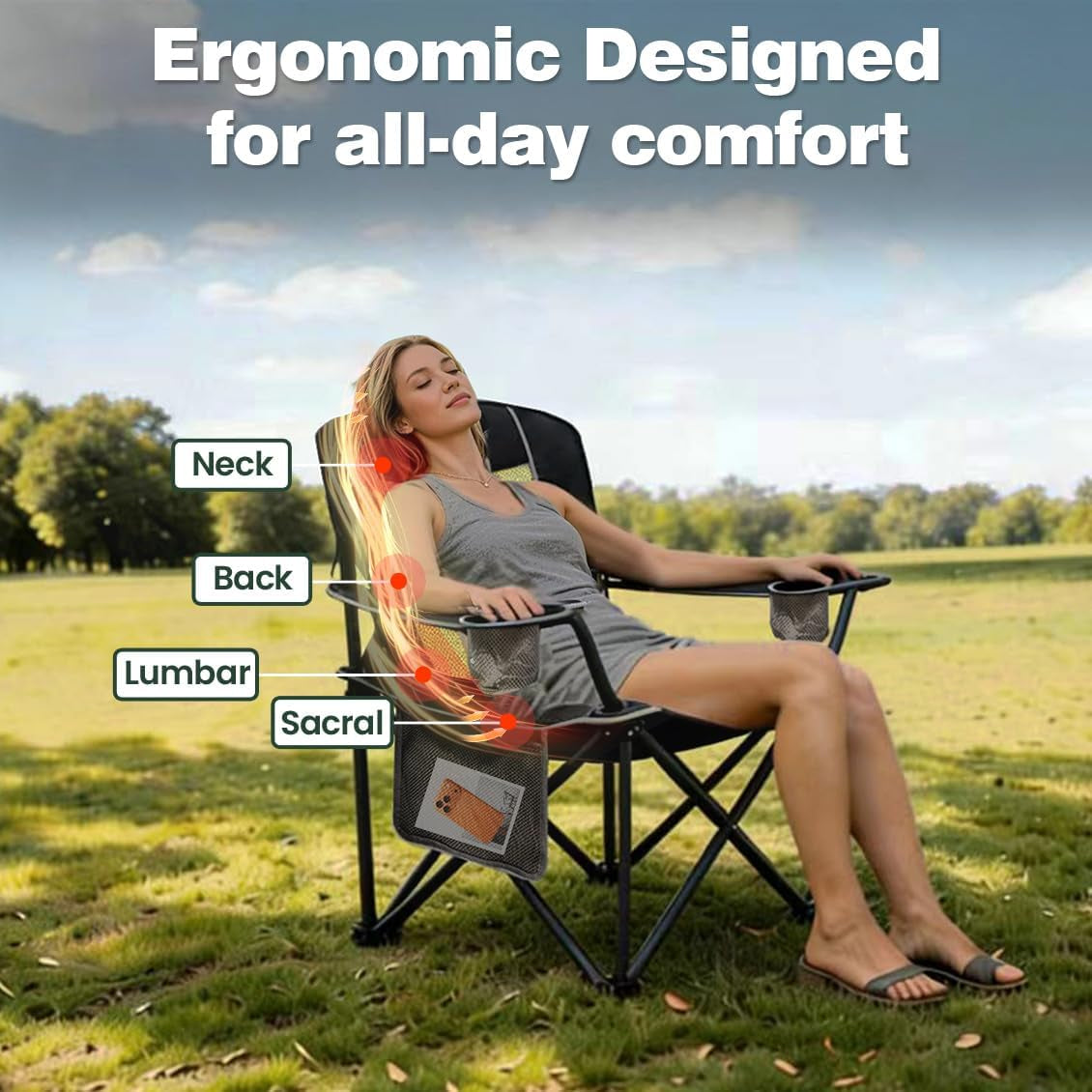 Camping Chairs for Adults, Oversized Camping Chair Heavy Duty 500LBS, Portable Lawn Chair with Cup Holder, Side Pocket&Bag for Outdoor Camping/Beach/Picnic/Fishing, Black