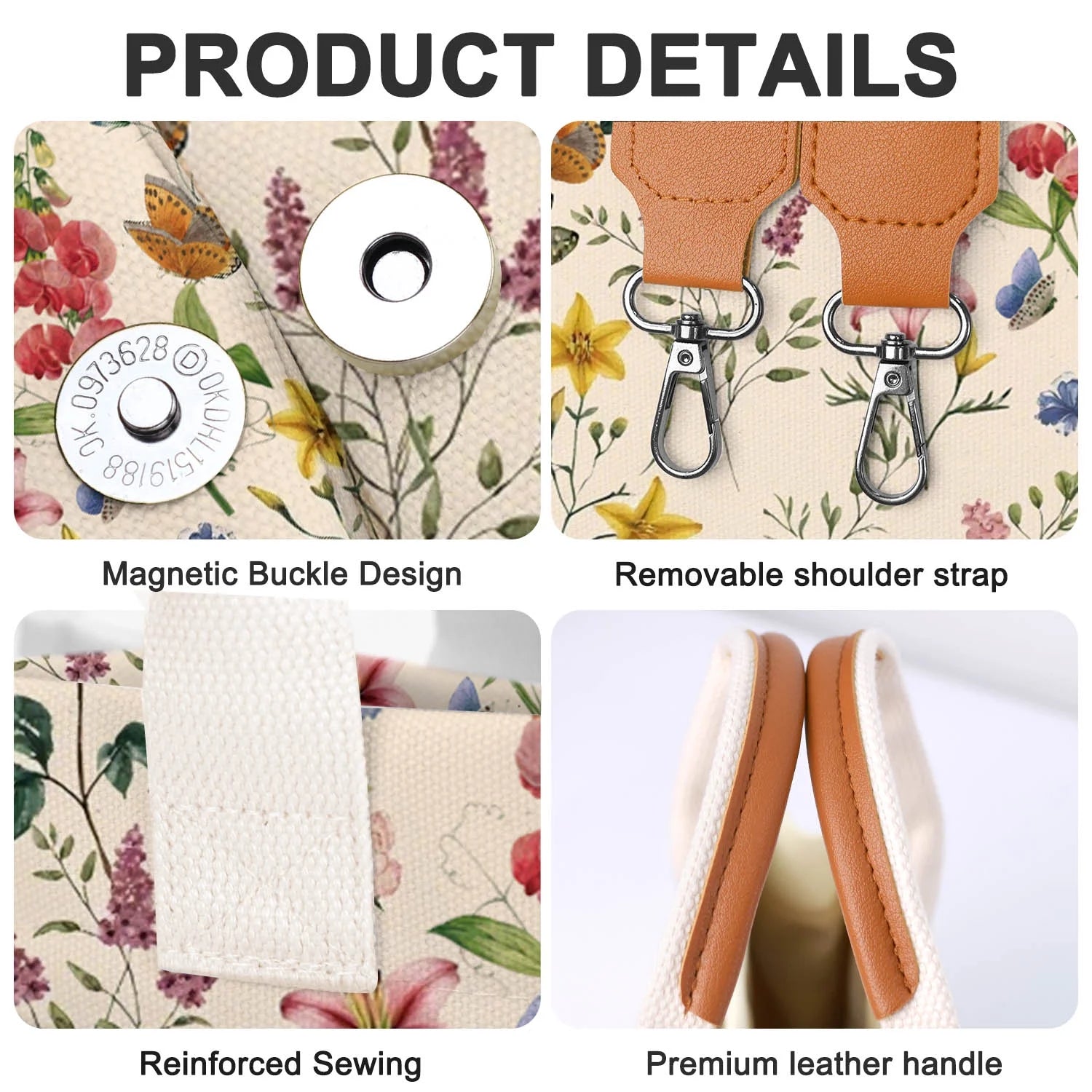 Canvas Tote Bag for Women, Large Multi-Pocket Shoulder Handbag, Crossbody Messenger Bag, Retro Flower