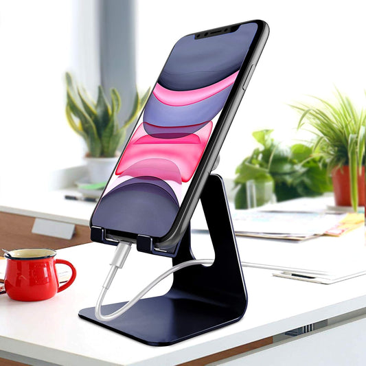 Adjustable Aluminum Cell Phone Stand – 270° Multi-Angle Desk Holder & Dock for All Smartphones 4–10 in, Navy Blue