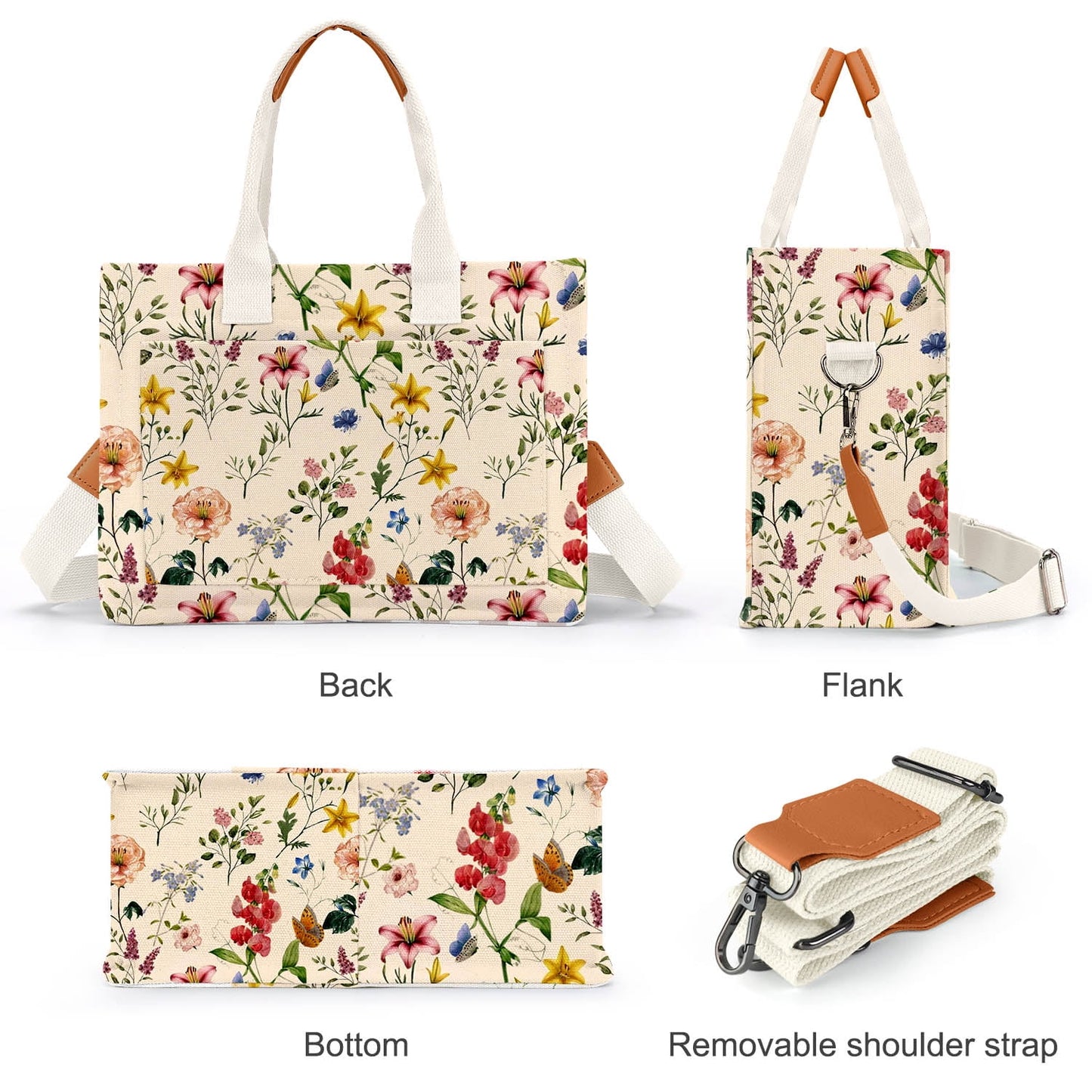 Canvas Tote Bag for Women, Large Multi-Pocket Shoulder Handbag, Crossbody Messenger Bag, Retro Flower