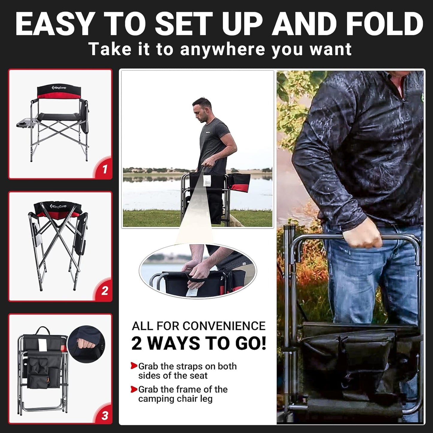 Heavy Duty Camping Director Chair, Folding with Side Table & Storage, Red