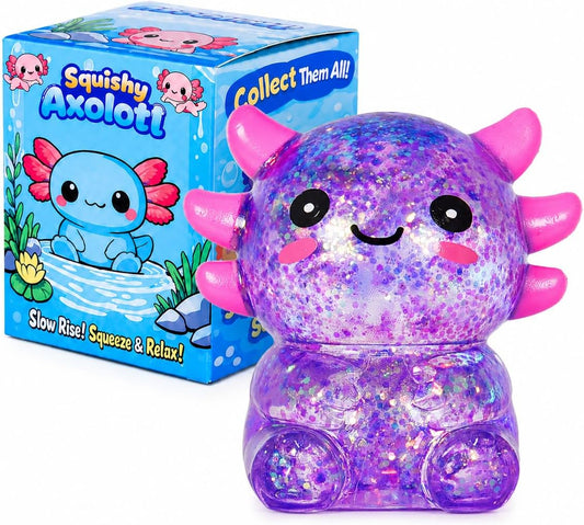 Axolotl Squishy Stress Ball, Soft TPR Slow Rising Squeeze Toy, Cute Axolotl Fidget Toy for Stress Relief, Anxiety Calming Sensory Toy for Kids Adults(Purple Seated Axolotl)