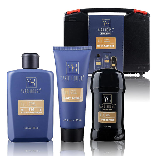 Mens Bath Body Shower Gift Basket Set - Ocean Breeze | 4Pcs Grooming Kit Wt Body Wash, Lotion, Deodorant in Travel Toolbox Case – Fathers Day Gifts for Him, Christmas Birthdays Gift Ideas