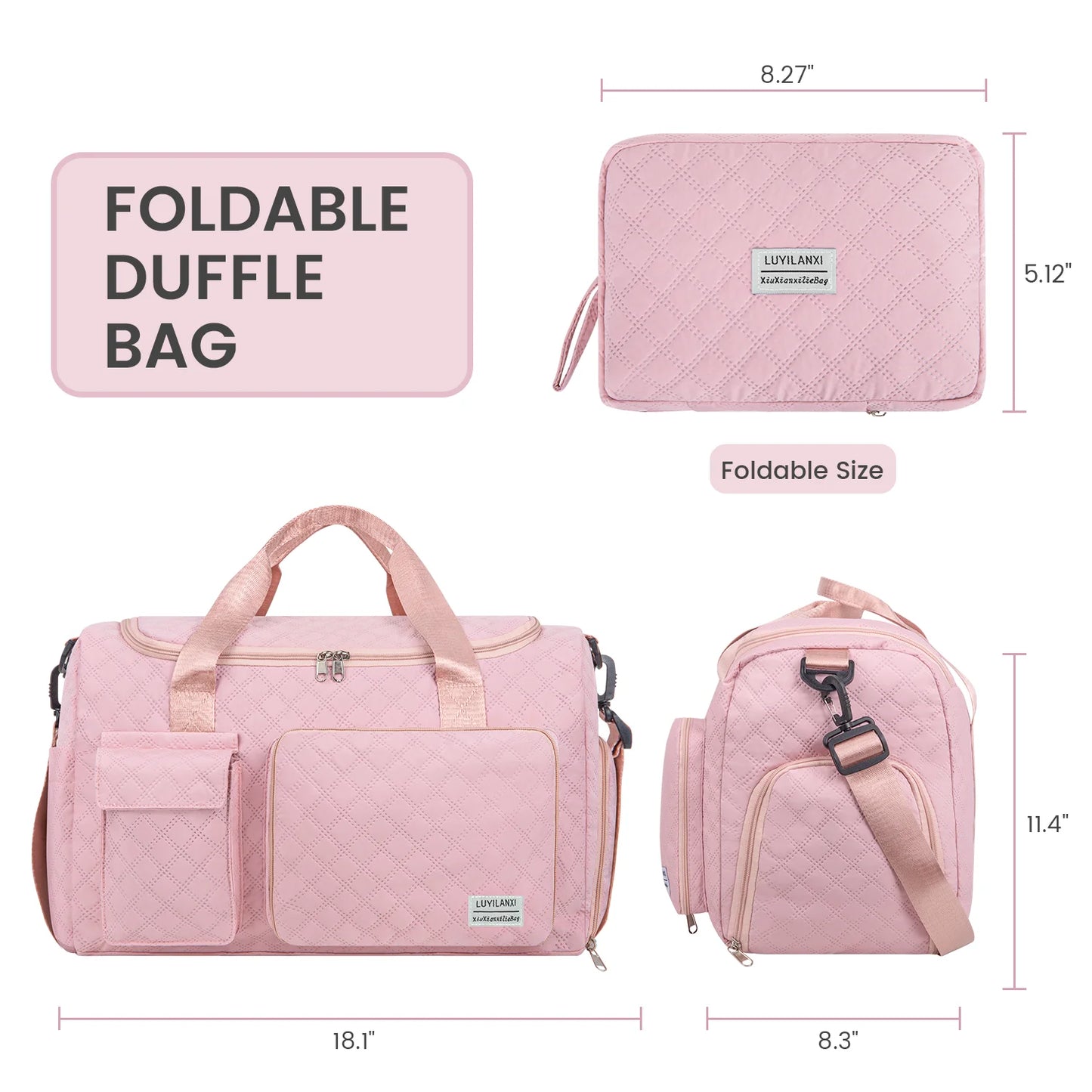 Travel Duffle Bag for Women Men, Foldable Weekender Bags Carry on Gym Bag with Wet Pocket/Adjustable Strap/Shoe Compartment, Waterproof Overnight Tote Bag for Plane Sports Dance, Pink