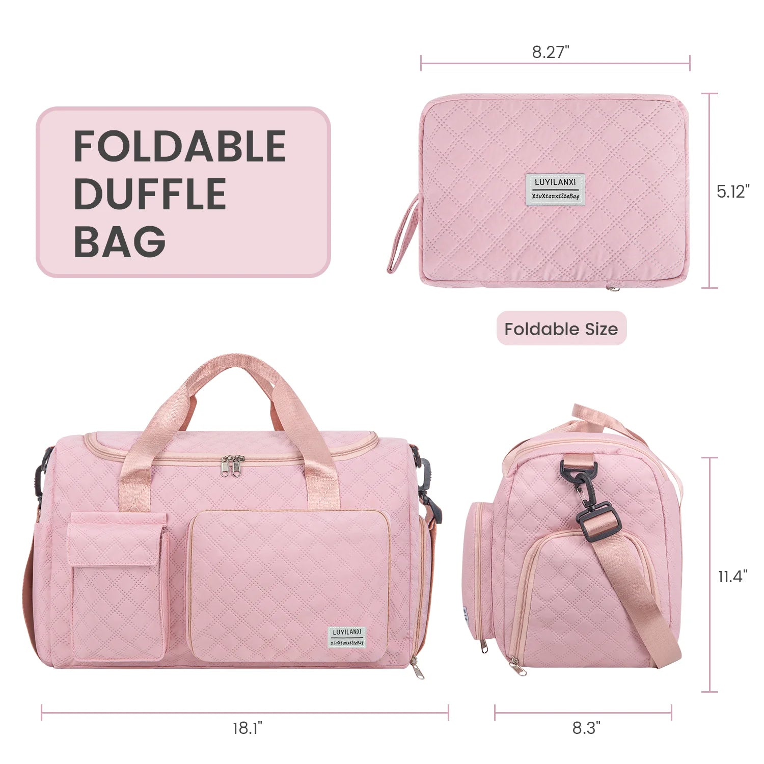 Travel Duffle Bag for Women Men, Foldable Weekender Bags Carry on Gym Bag with Wet Pocket/Adjustable Strap/Shoe Compartment, Waterproof Overnight Tote Bag for Plane Sports Dance, Pink