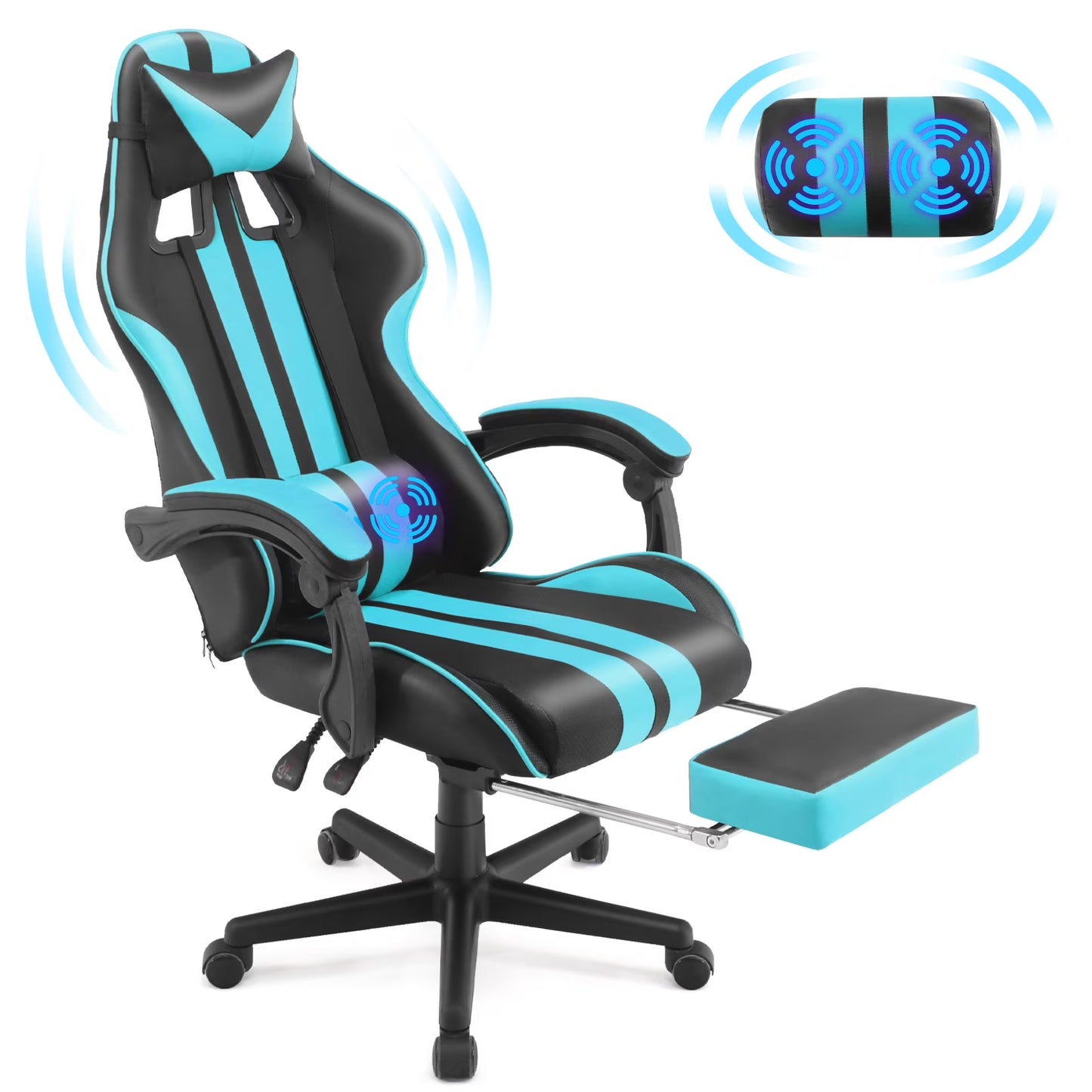 Gaming Chair Office Chair with Footrest, Ergonomic Massage Chair with Lumbar Pillow, Headrest for Adults Teens, Blue