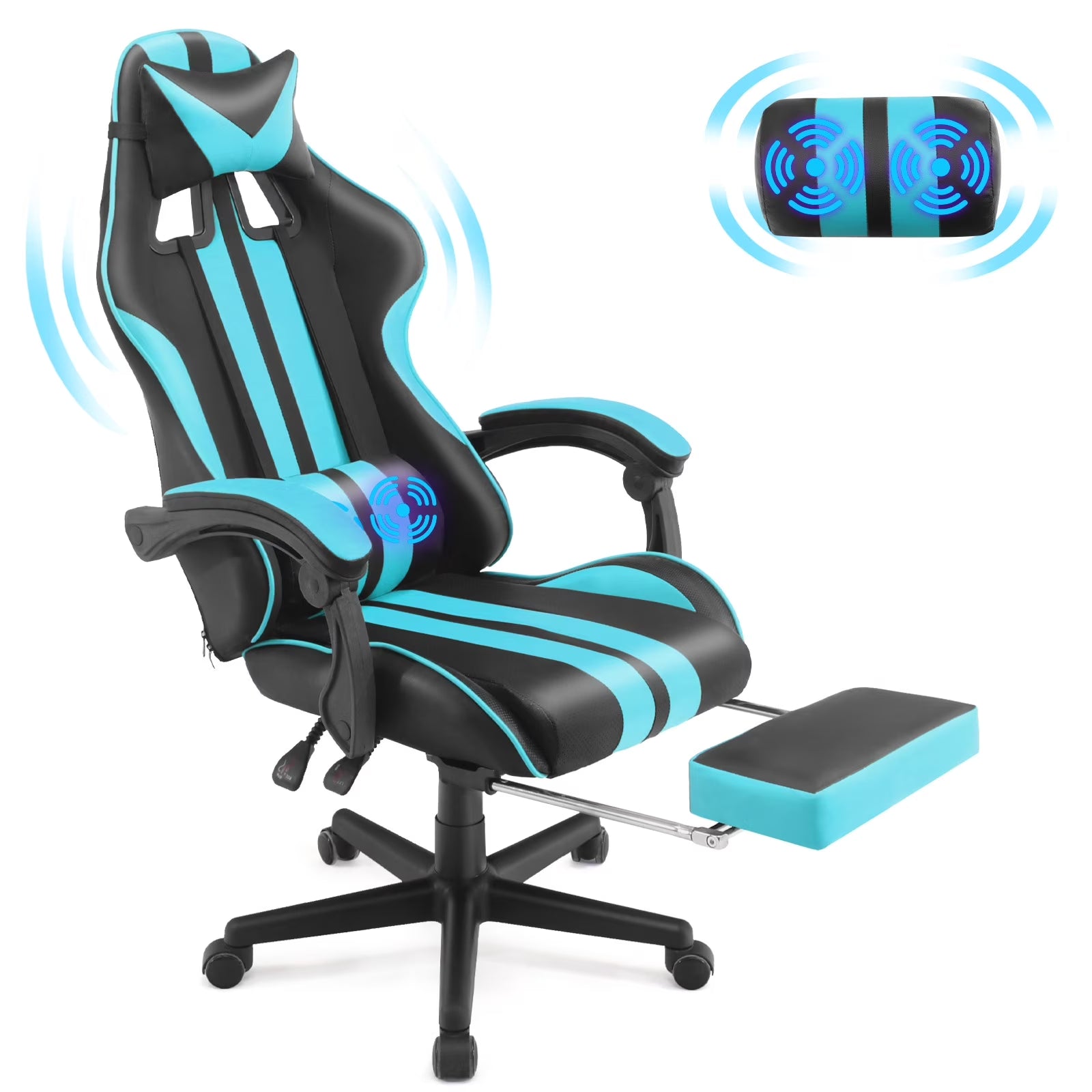 Gaming Chair Office Chair with Footrest, Ergonomic Massage Chair with Lumbar Pillow, Headrest for Adults Teens, Blue