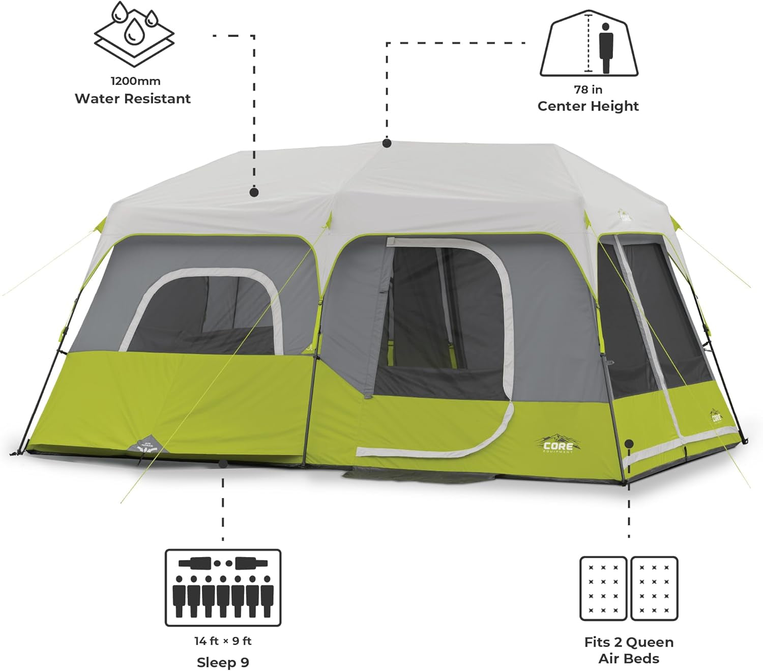 9 Person Instant Cabin Tent, 14 x 9 ft Family Camping Tent with Pre-Attached Poles, Weather Resistant Large Tent with Storage Pockets and Ventilation, Green
