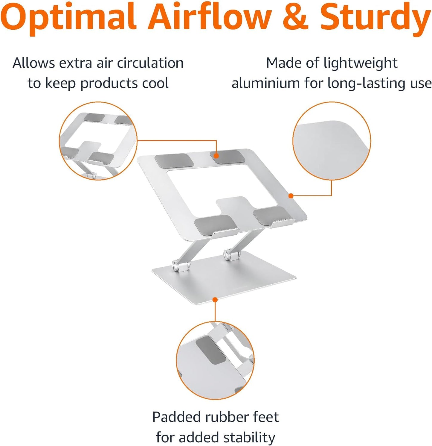 Sturdy and Portable Ergonomic Laptop Stand for Desk, Height Adjustable Riser with Ventilated Cooling, Foldable, Fits All Laptops up to 15.6 Inch, Silver