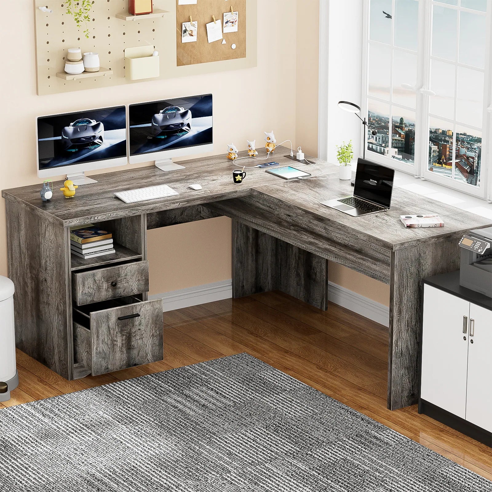 Lift Top L-Shaped Desk with Charge Station, Corner Standing Desk with File Drawers for Home Office