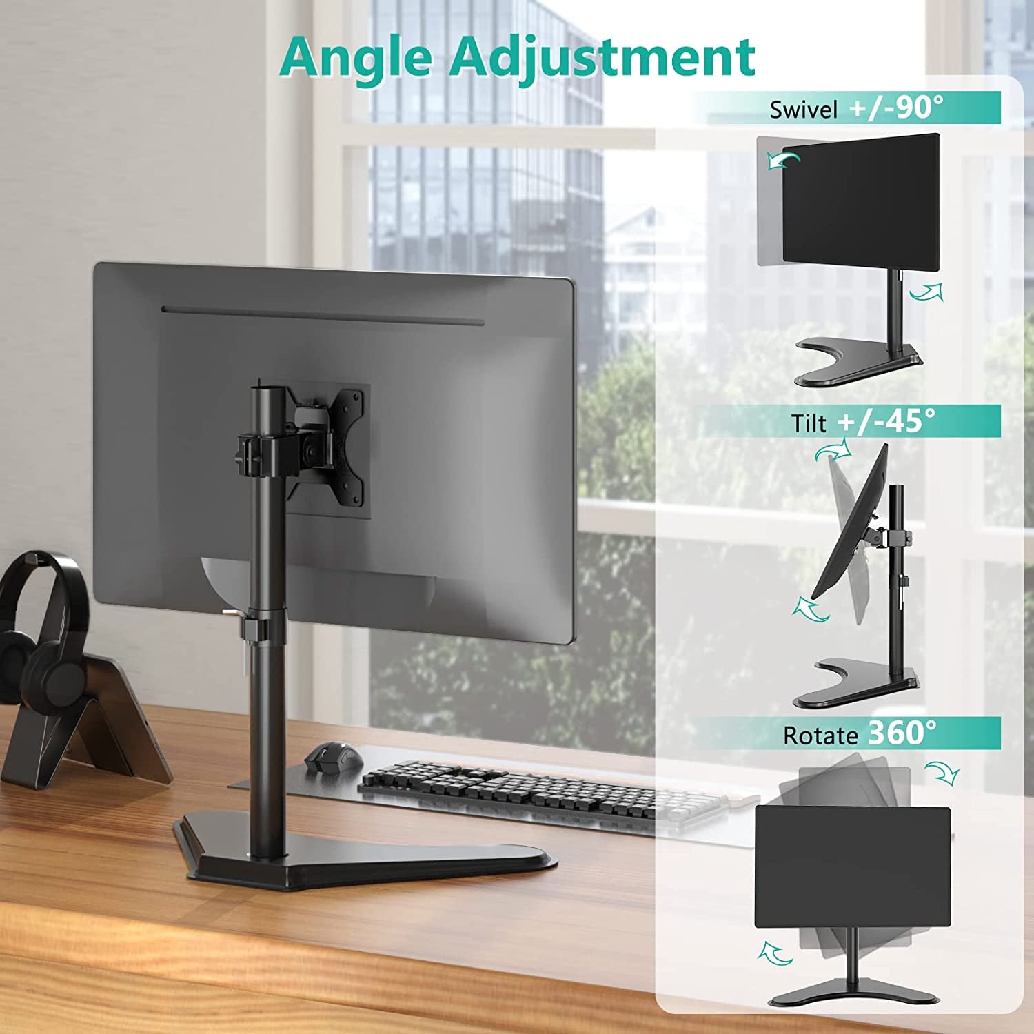 Single Monitor Desk Mount Arm for 13–32 in Screens, Adjustable Height and Angle, Freestanding VESA 75x75/100x100, Black