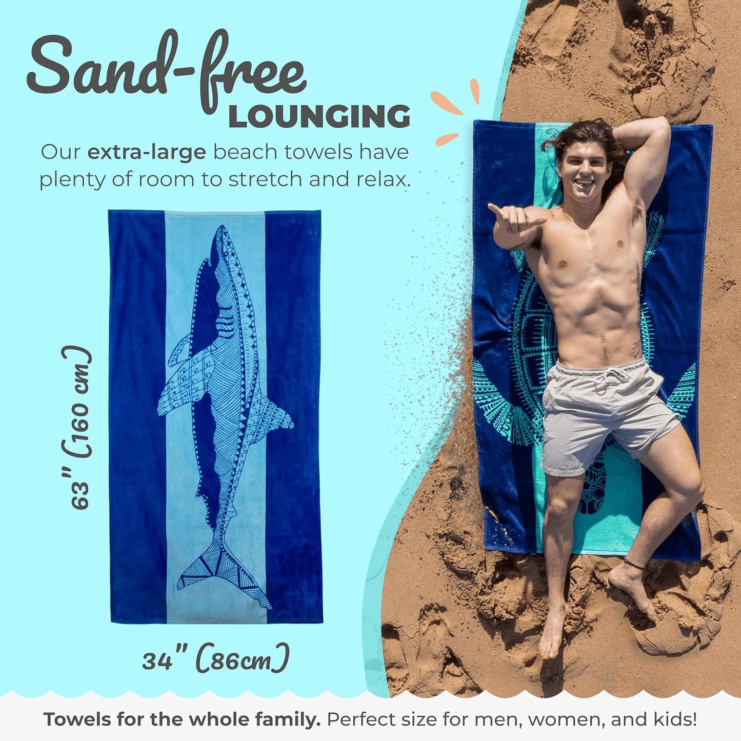 Shark Beach Towel – Blue with a Tropical Design, Extra Large, XL (34”X 63”) Cool Hawaiian, Navy Beach Towel with Light Blue Stripe, Made from 100% Cotton