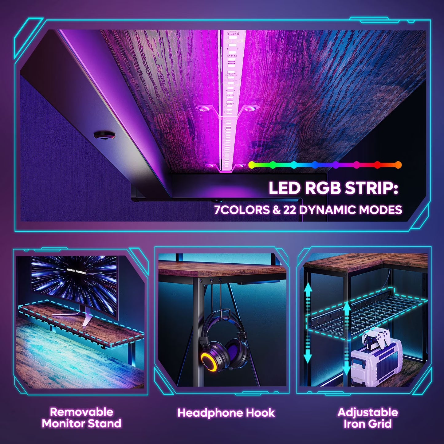 58" Computer Desk with LED Lights L Shaped Corner Desk with Power Outlet & Monitor Stand Home Office Desk, Rustic