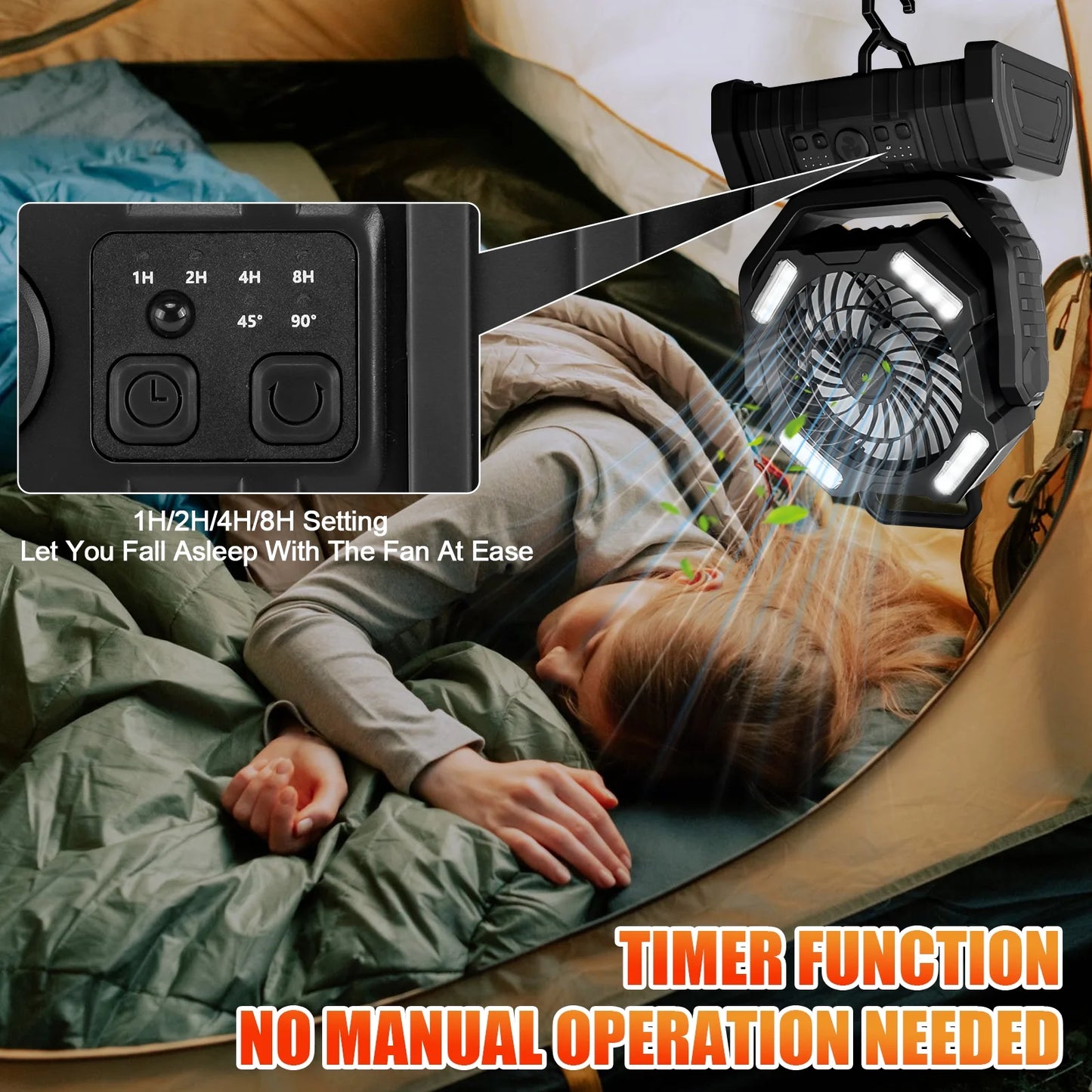 Camping Fan with LED Lantern, 20000mAh Rechargeable Battery, 270° Adjustable Rotation, 4-Speed Portable Tent Fan, Black